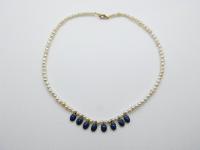 £12.00 - Vintage Redesigned 50s Glass Faux Pearl Bead Blue Enamel Dropper Necklace