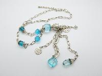 £25.00 - Long Silvertone Chain Link Necklace with Blue Glass Beads and Coin Charms