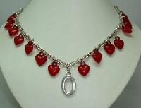 £19.00 - Vintage 80s Stunning Red Lucite Heart Bead Charm Silver Link Necklace