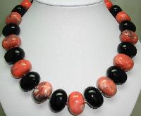 £23.00 - Unique Black and Salmon Pink Marble Effect Chunky Lucite Bead Necklace