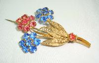 £17.00 - Vintage 30s Czech Blue & Pink Crystal Flower Brooch 