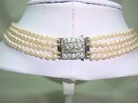 Vintage 30s 4 Row White Faux Pearl Glass Bead Necklace Diamante Clasp