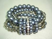 Fab Wide 6 Row Grey Glass Faux Pearl Bead and Diamante Stretch Bracelet