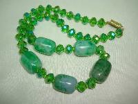 Vintage 50s Green AB Crystal Glass Bead Necklace with Green Agate Beads