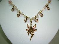 £45.00 - Signed Kirks Folly Pink Quartz & AB Diamante Dangle Angel Gold Necklace