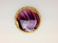 Vintage 1950s Purple Agate Glass Round Goldtone Brooch 4cms