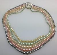 Vintage 50s Five Colour Graduated Glass Faux Pearl Bead Necklace Diamante Clasp 52cms