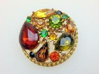 Vintage 50s Signed Sphinx Red and Amber Glass Diamante Domed Gold Brooch