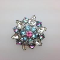 Vintage 50s Blue Pink and Clear Diamante Paste Flower Shaped Brooch 3cms