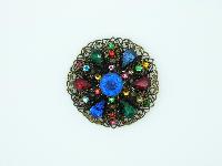 Vintage 30s Czech Filigree Round Multicoloured Diamante Paste Brooch 