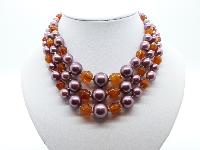 Vintage 50s Three Row Amber Glass and Purple Glass Faux Pearl Bead Necklace