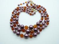 Vintage 50s Three Row Amber Glass and Purple Glass Faux Pearl Bead Necklace