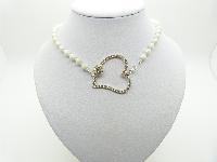 Vintage Redesigned 50s White AB Glass Bead Necklace with Large Diamante Heart