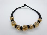 Vintage 80s Attractive Gold Spiral Murano Glass Bead Black Corded Necklace 51cms