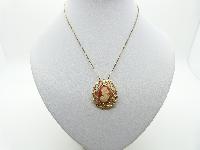 Vintage 70s Signed Sarah Cov Goldtone Cameo Brooch Pendant with Chain