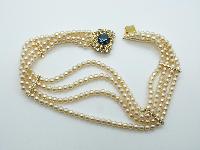 Vintage 80s 4 Row Faux Pearl Bead Choker Necklace Stunning Diamante Clasp!