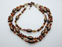 Vintage 50s Three Row Brown Moonglow and AB Crystal Glass Bead Necklace