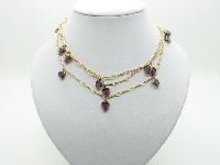 £22.00 - Vintage 80s Long Gold Twist Necklace with Cute Purple Glass Heart Charms 
