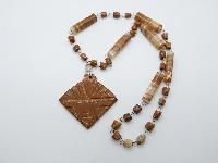 Vitntage 70s Real Brown Banded Agate Bead Necklace with Large Pendant