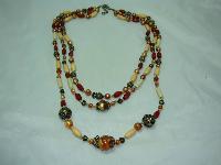1930s Style 3 Row Cream Red & Gold Lucite Bead Necklace