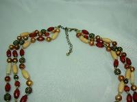 1930s Style 3 Row Cream Red & Gold Lucite Bead Necklace