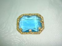 Vintage 50s Big Turquoise Blue Faceted Glass Stone Gold Brooch Signed!