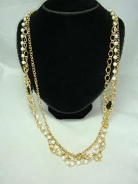Vintage 80s 3 Row Gold Chain & Faux Pearl Bead Necklace