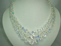 1950s 3 Row Crystal Glass Bi Conical Bead Necklace Diamante Clasp Wow!