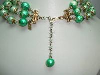 50s Signed Vendome 3 Row Green Pearl  Crystal Necklace and Earrings 