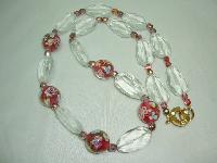Vintage 30s Crystal & Pink Venetian Murano Glass Flowers Bead Necklace