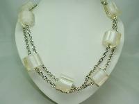 Vintage 70s Chunky Clear White Lucite Cube Bead Silvertone Necklace