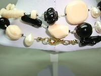 Black and Cream Rose Carved Lucite Bead Necklace with Cultured Pearls!