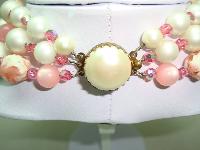 1950s Fab 3 Row Pink and White Lucite Crystal and Pearl Bead Necklace