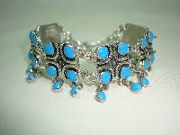 50s Style Wide Turquoise Blue Dangle Drop Ornate Link Silver Bracelet