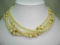 1980s Glass Faux Pearl Bead Gold Torsade Twist Necklace Made in Italy