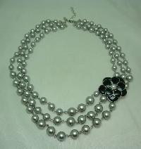 1950s Style 3 Row Grey Faux Pearl Bead Necklace Black Enamel Flower