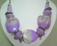 Stunning Chunky Purple and Clear Lucite Bead and Silver Disc Necklace