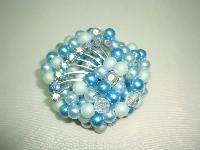 1950s Teal Blue Pearl Crystal Bead Diamante Brooch and Clip Earrings 
