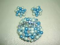 1950s Teal Blue Pearl Crystal Bead Diamante Brooch and Clip Earrings 