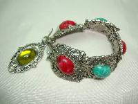 Vintage 50s Wide Green & Red Glass Stone Ornate Silvertone Bracelet 