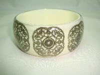 Fabulous Wide Chunky Cream and Gold Lace Inset Design Lucite Bangle