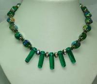 £24.00 - Vintage 50s AB Green Glass Bead & Diamante Necklace WOW