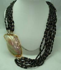 Vintage 70s 9 Row Brown Bead Necklace Huge MOP Side Feature Fabulous!