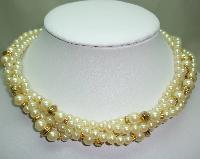 1980s Glass Faux Pearl Bead Gold Torsade Twist Necklace Made in Italy