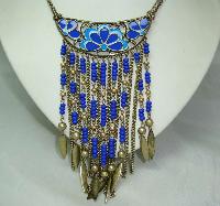 £18.00 - Vintage 70s Style Blue Enamel Flower Tassel Boho Statement Necklace 
