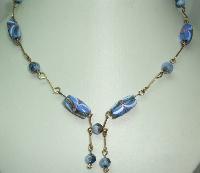 Vintage 30s Art Deco Blue Venetian Wedding Cake Glass Bead Necklace