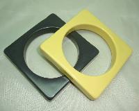Vintage 70s Fab Pair of Yellow and Grey Square Chunky Plastic Bangles