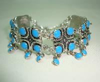 50s Style Wide Turquoise Blue Dangle Drop Ornate Link Silver Bracelet
