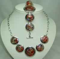 Fabulous Chunky Red Murano Glass Circles Silver Necklace and Bracelet 
