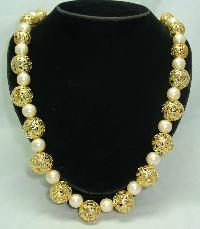 £26.00 - 1950s Chunky Faux Pearl & Gold Filigree Bead Necklace  